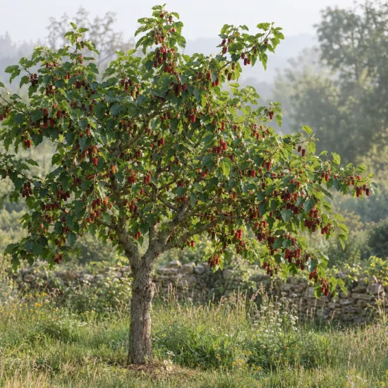 Mûrier à gros fruit rouge 'Red no.2' (Morus) — petit arbre garni de nombreux fruits rouges · Photo d'illustration