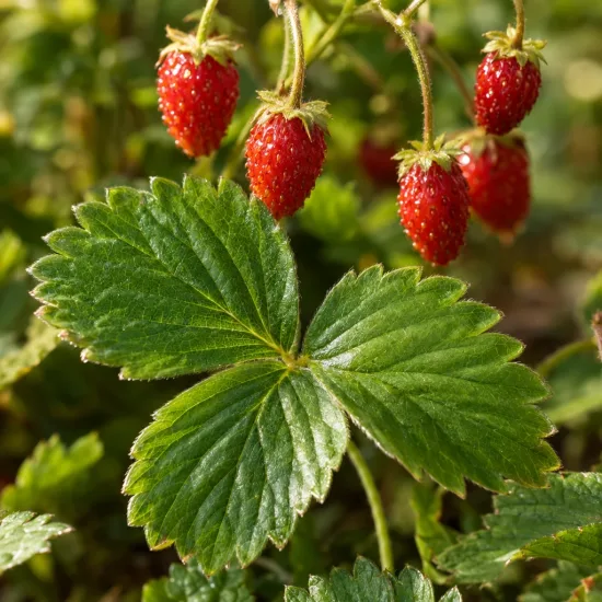 Fraisier des bois remontant 'Rügen' (Fragaria vesca) — gros plan de feuilles et fruits rouges mûrs · Photo d'illustration