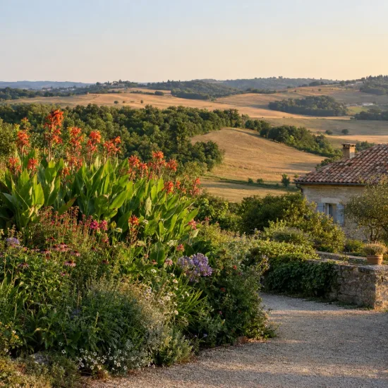 Canna géant marabout 'Marabout' — massif de plantes fleuries devant paysage de campagne · Photo d'illustration