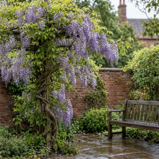 Glycine du japon 'Issai' (Wisteria floribunda) — grandes grappes fleuries retombant sur pergola en bois · Photo d'illustration
