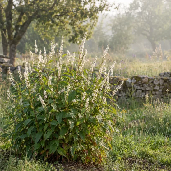 Persicaire 'Alba' (Persicaria amplexicaulis) — touffe de fleurs blanches dressées au jardin · Photo d'illustration