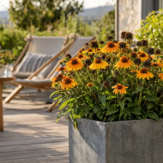Échinacée 'Gold' (Echinacea guatemala) — touffe de fleurs jaunes orangées sur terrasse moderne · Photo d'illustration