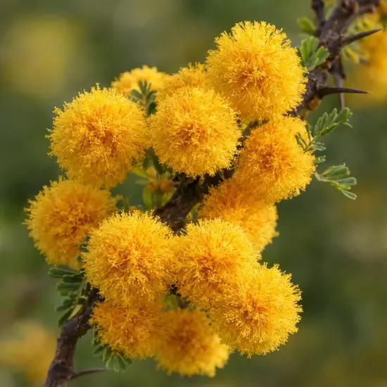 Mimosa du chili (Acacia) — gros plan sur pompons floraux jaunes