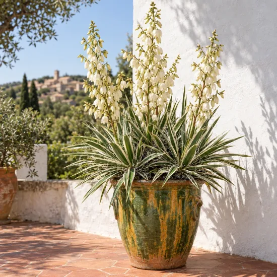 Yucca 'Ivory towers' (Yucca flaccida) — grand sujet en pot vernissé sur terrasse ensoleillée · Photo d'illustration
