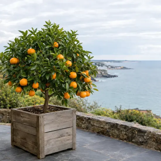 Mandarinier satsuma maxima 'Maxima' (Citrus unshui) — petit arbre fruitier en bac bois côtier