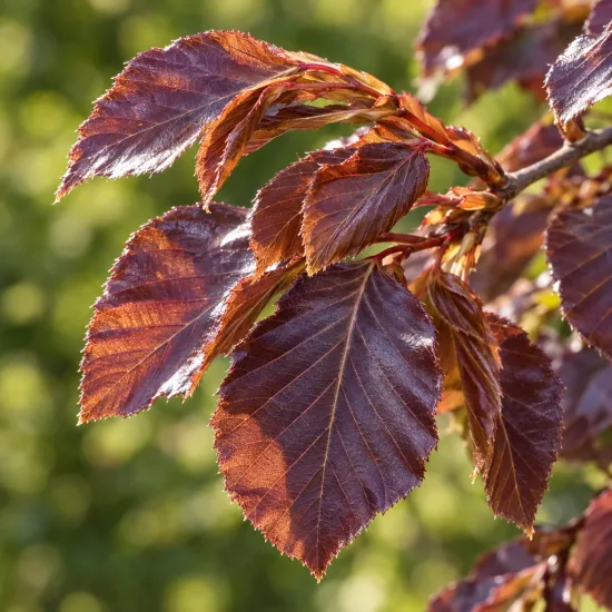 Hêtre commun 'Purpurea' (Fagus sylvatica) — gros plan sur jeune feuillage brillant · Photo d'illustration