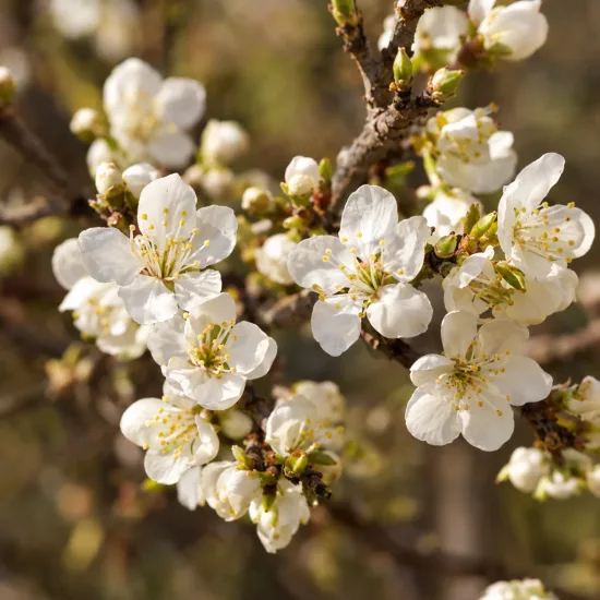 Griottier nain 'Jewel' (Prunus) — grappes de petites fleurs blanches sur branche · Photo d'illustration