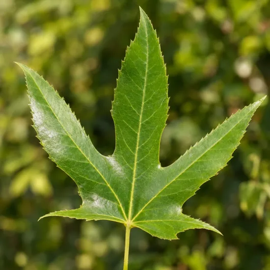 Platane d'orient à feuilles en coins 'Var. cuneata' (Platanus orientalis) — feuille palmée vert brillant sur fond flou