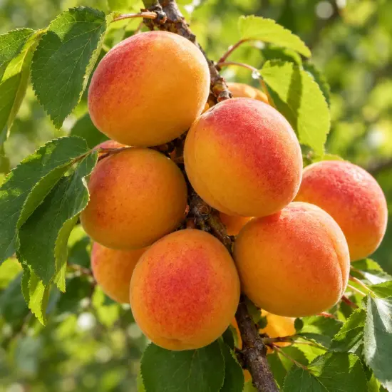 Abricotier 'Precoce saumur' (Prunus armeniaca) — gros plan de plusieurs fruits mûrs sur branche