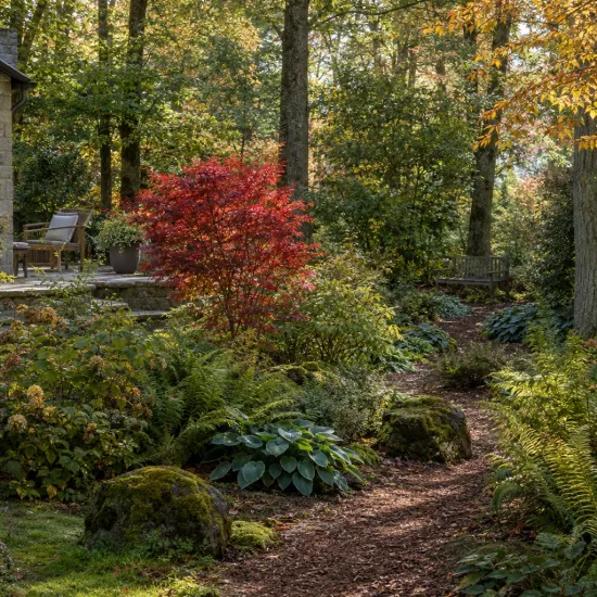 Érable du japon 'Fire glow' (Acer palmatum) — arbuste au feuillage rouge dans jardin boisé · Photo d'illustration