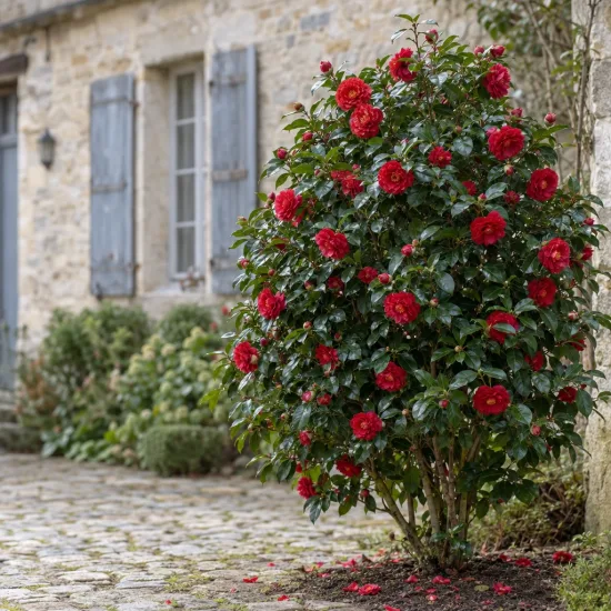 Camélia du japon 'Adolphe audusson rouge' (Camellia japonica) — arbuste fleuri aux grandes fleurs rouges près maison · Photo d'illustration