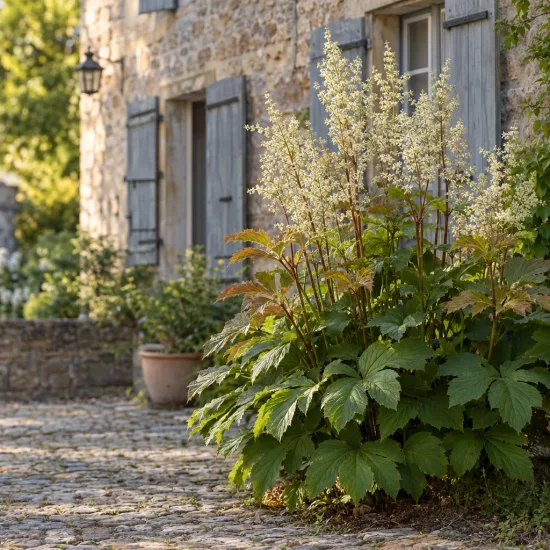 Rodgersia à feuille de marronnier (Rodegersia aesculifolia) — touffe de vivace fleurie devant maison en pierre · Photo d'illustration