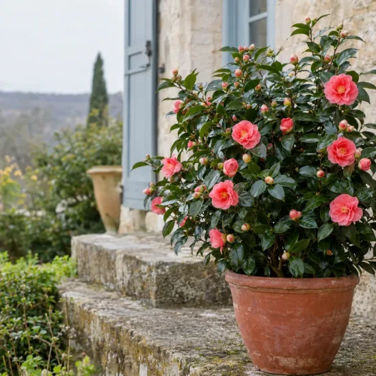 Camelia 'Beniguet' (Camelia japonica) — arbuste fleuri en pot sur marches en pierre · Photo d'illustration
