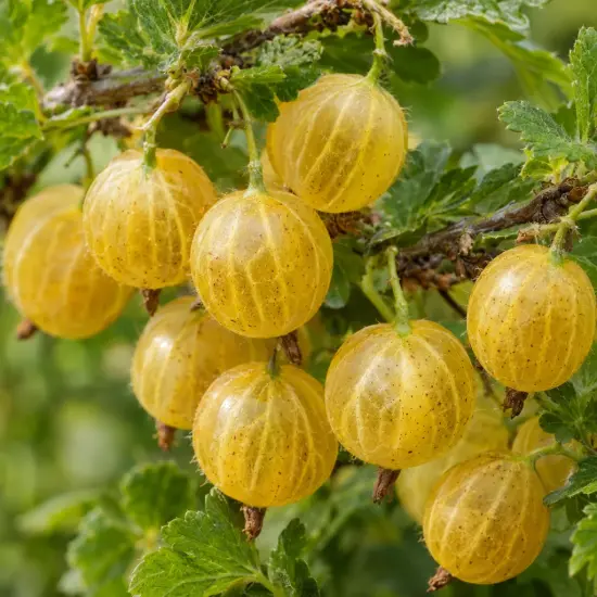 Groseillier à maquereau 'A maquereaux hinnomaki jaune' (Ribes uva) — grappes de petits fruits jaunes translucides