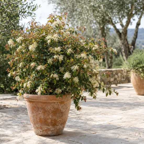 Loropétale de chine 'Ice berry' (Loropetalum chinensis) — arbuste décoratif en pot sur terrasse en pierre · Photo d'illustration