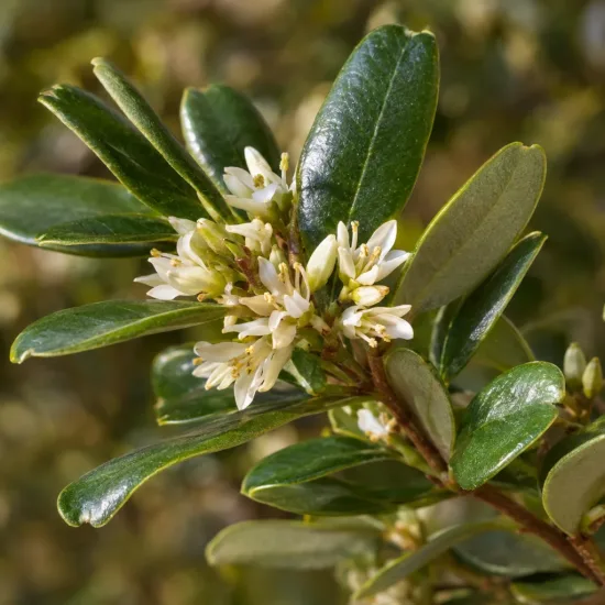 Pittospore (Pittosporum truncatum) — grappe de petites fleurs crème parmi des feuilles · Photo d'illustration