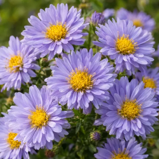 Aster 'Lady in blue' (Aster dumosus) — fleurs mauves en pompons au cœur jaune