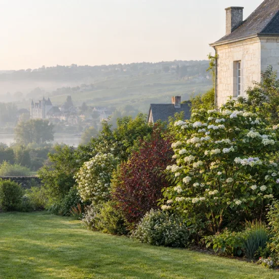 Viorne de chine 'First opening day' (Viburnum plicatum) — massif arbustif fleuri le long d'une maison · Photo d'illustration