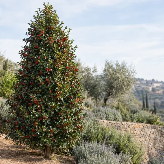 Houx commun (Ilex aquifolium) — grand arbuste conique couvert de baies rouges · Photo d'illustration