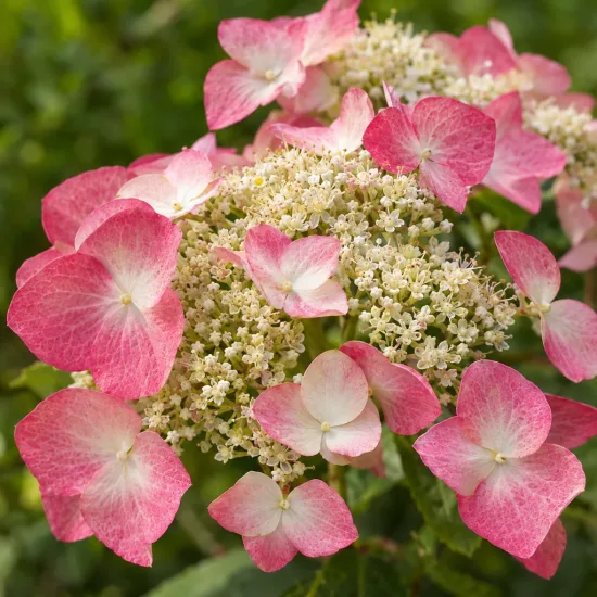 Hortensia grimpant du japon 'Rose sensation' (Schizophragma hydrangeoides) — inflorescence plate avec bractées roses et fleurs crème