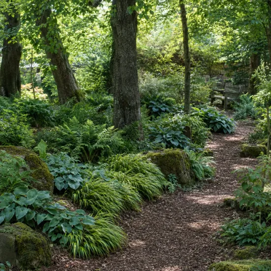 Herbe du japon (Hakonechloa macra) — massifs de graminées le long d’un sentier forestier · Photo d'illustration