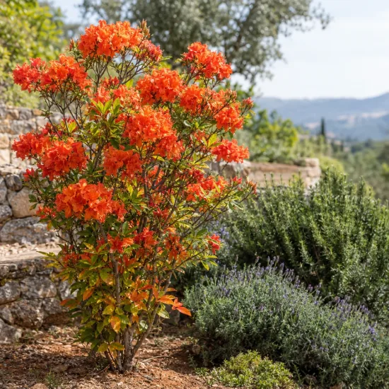 Azalée de chine 'Gibraltar orange' (Azalea mollis) — arbuste couvert de fleurs orange dans un jardin · Photo d'illustration