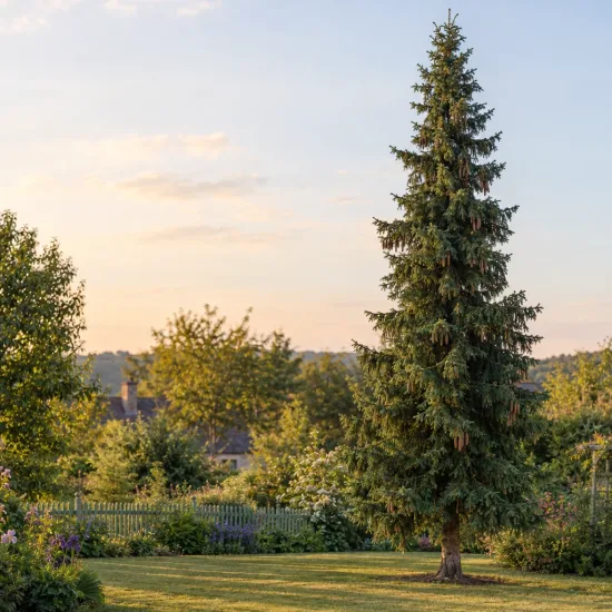 Epicea de sitka (Picea sitchensis) — grand conifère isolé au centre d’un jardin · Photo d'illustration