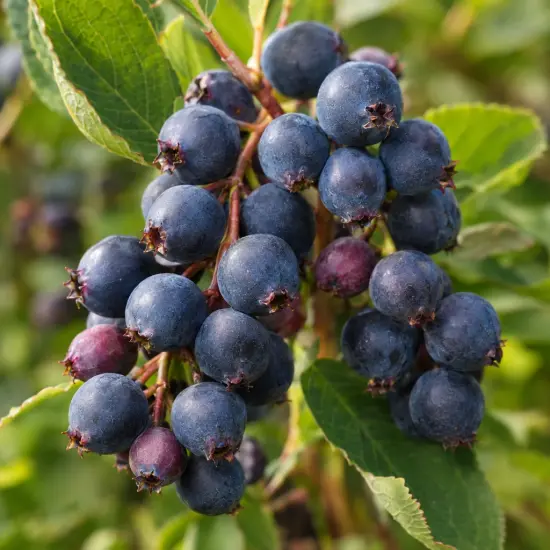 Amélanchier à feuille d'aulne 'Northline' (Amelanchier alnifolia) — grappe de petits fruits ronds bleu sombre