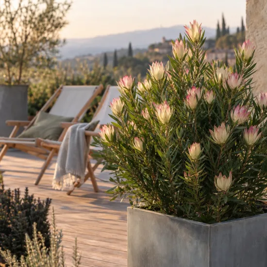 Leucadendron 'Cream delight' (Leucadendron salignum) — arbuste fleuri en pot sur terrasse aménagée · Photo d'illustration
