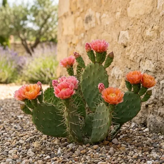 Figuier de barbarie 'Salmonea richter' (Opuntia phaecantha) — cactus épineux avec fleurs saumon près d’un mur