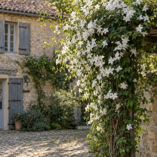 Clématite des montagnes 'Grandiflora' (Clematis montana) — liane fleurie couvrant pergola devant maison en pierre · Photo d'illustration