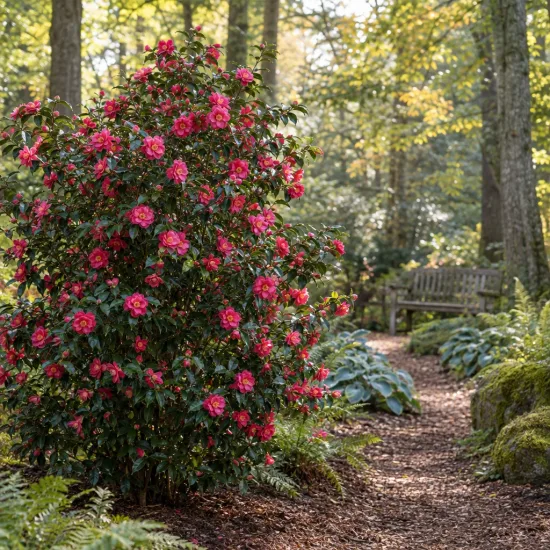 Camélia d'automne 'Kanjiro rouge' (Camellia sasanqua) — grand arbuste fleuri dans massif de sous-bois · Photo d'illustration