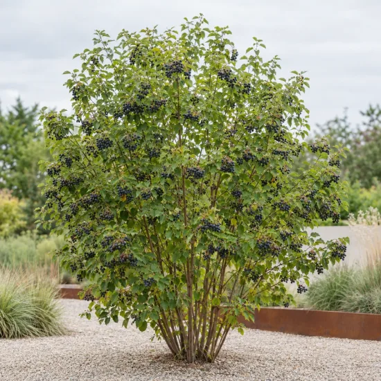Amélanchier à feuille d'aulne 'Thiessen' (Amelanchier alnifolia) — arbuste buissonnant couvert de petites baies foncées · Photo d'illustration