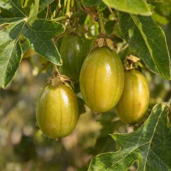 Passiflore officinale à fruits comestibles 'Eia popeia' (Passiflora × incarnata) — gros fruits ovales suspendus parmi le feuillage · Photo d'illustration