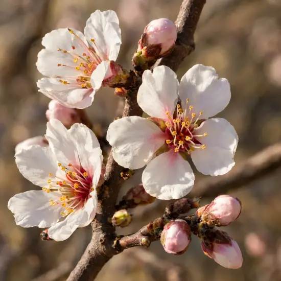 Amandier 'Tuono' (Prunus amygdalus) — branche avec fleurs ouvertes et boutons floraux