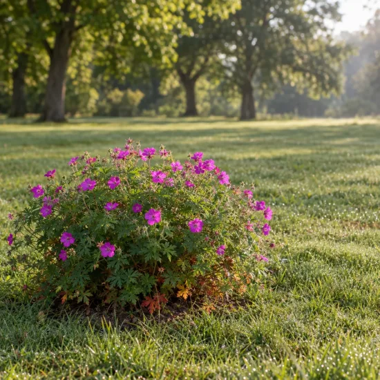 Pélargonium (Geranium sanguineum) — massif arrondi de petites fleurs roses au jardin · Photo d'illustration