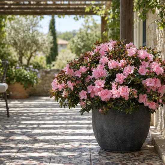 Azalée japonaise 'Gilbert mullier rose' (Azalea japonica) — grand arbuste fleuri dans un pot gris sur terrasse · Photo d'illustration
