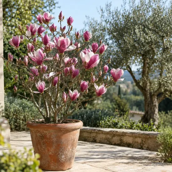 Magnolia — arbuste fleuri en pot sur terrasse ensoleillée