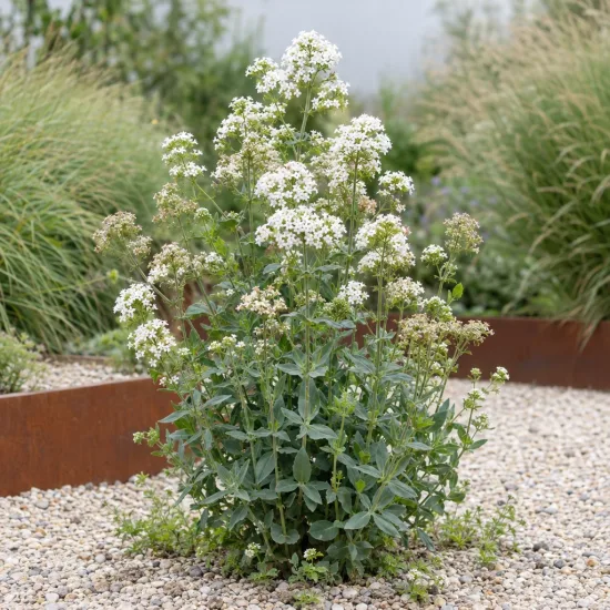Troène de californie 'Albus' (Centranthus ruber) — touffe florale blanche dans massif de graviers · Photo d'illustration