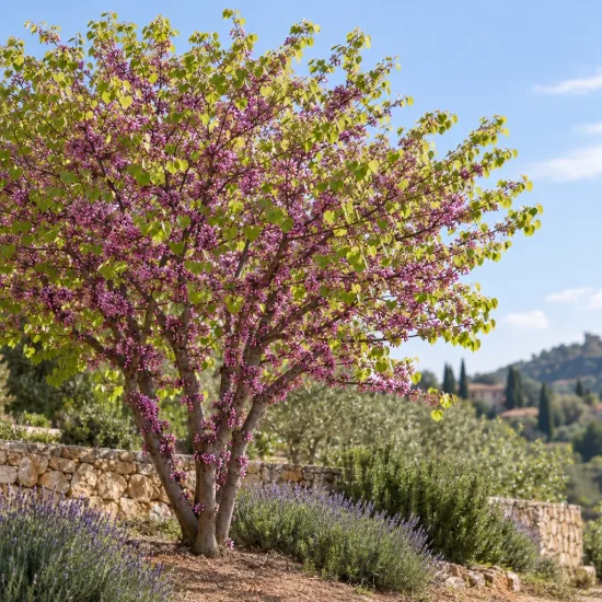 Gainier du canada (Cercis canadensis) — arbre en fleurs roses dans un jardin méditerranéen · Photo d'illustration