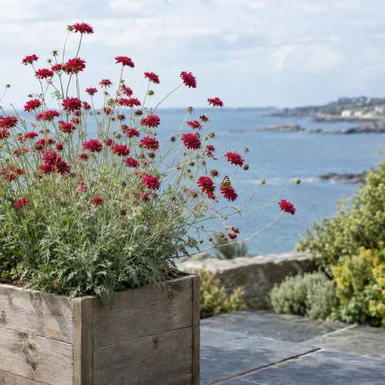 Knautia (Knautia macedonia) — touffe de petites fleurs rouges en bac sur terrasse · Photo d'illustration