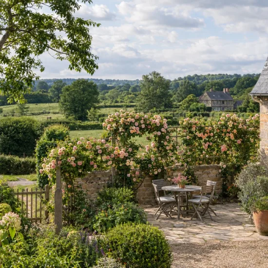 Rosier 'Pirouette' — roses grimpantes encadrant une terrasse de jardin · Photo d'illustration