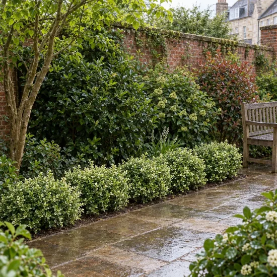 Buis commun 'Elegantissima' (Buxus sempervirens) — bordure de petits arbustes panachés le long d’une allée · Photo d'illustration