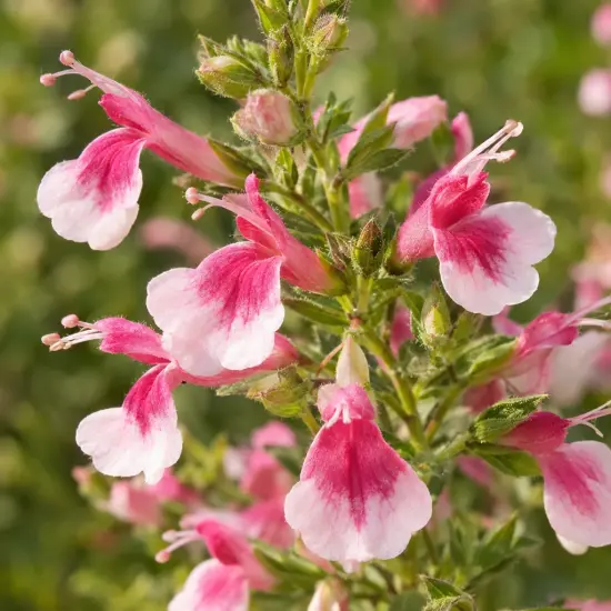 Sauge arbustive rose 'Icing sugar' (Salvia microphylla) — gros plan de fleurs bicolores roses et blanches