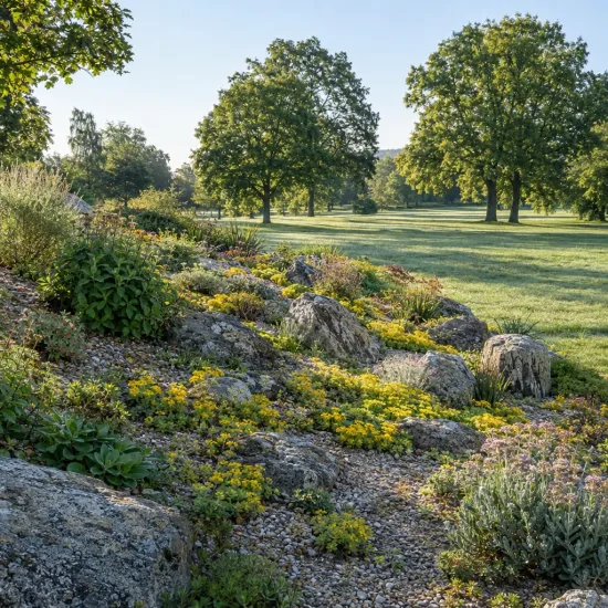 Orpin jaune 'Floriferum 'bracieux' (Sedum kamtschaticum) — plantes couvre-sol jaunes fleuries sur rocaille en parc · Photo d'illustration