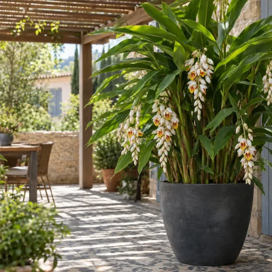 Gingembre coquille panaché (Alpinia) — grand plant luxuriant en pot sur terrasse · Photo d'illustration