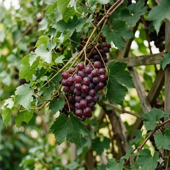 Vigne 'De table specimen rouge' (Vitis vinifera) — grappes de raisins rouges sur treille en bois