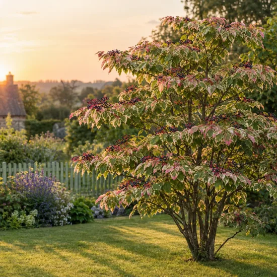 Cornouiller à feuilles alternes 'Pinky spot' (Cornus alternifolia) — arbuste coloré isolé au jardin au coucher du soleil · Photo d'illustration