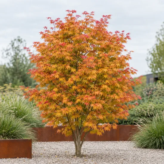Érable du japon 'Ueno yama vert' (Acer palmatum) — arbuste au feuillage orangé dans jardin minéral · Photo d'illustration