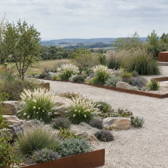 Herbe aux écouvillons (Pennisetum villosum) — massif de graminées décoratives dans un jardin sec · Photo d'illustration
